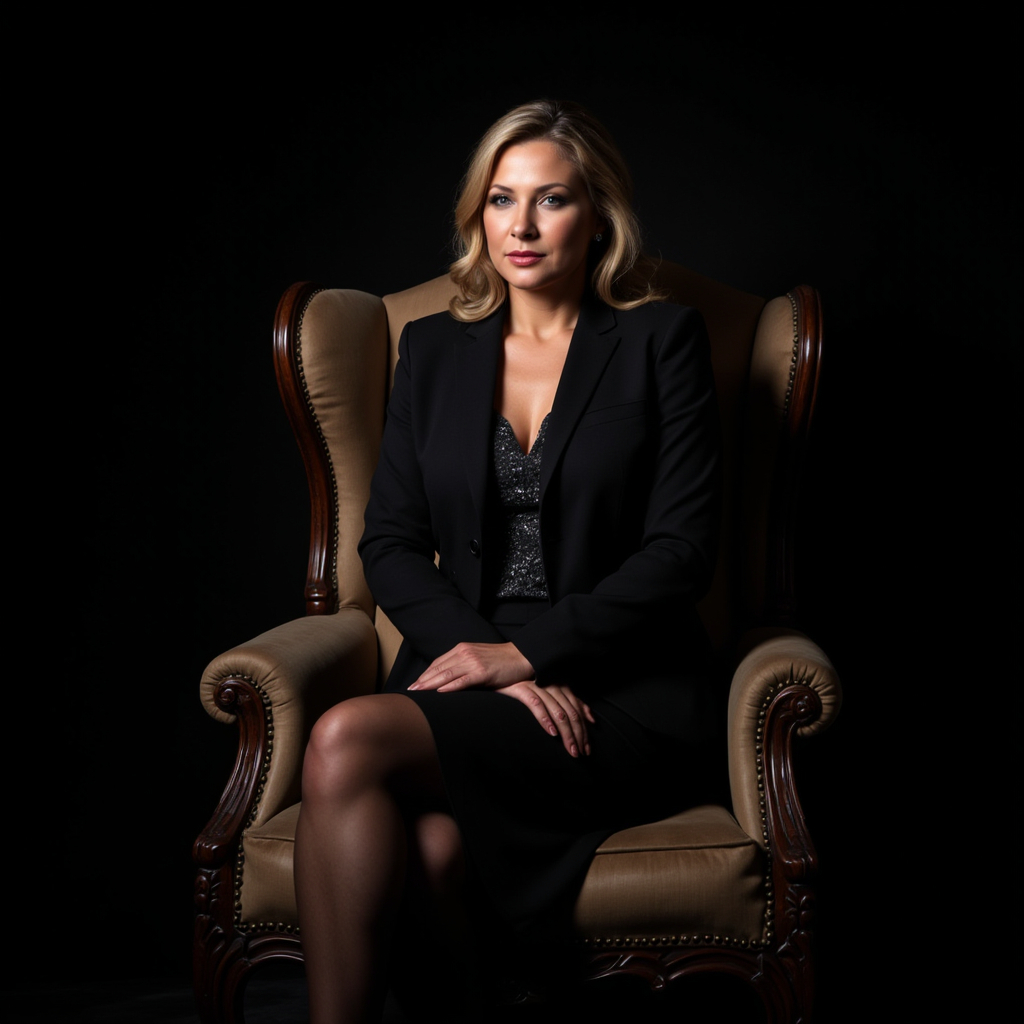 Author Lydia Vergova sitting on an old fashioned arm chair with a dark background.