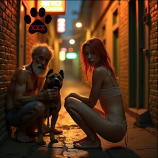 Book Cover, you see a petite half-Asian teen wearing only underwear, squatting down in a dirty alley in front of a homeless guy and his dog