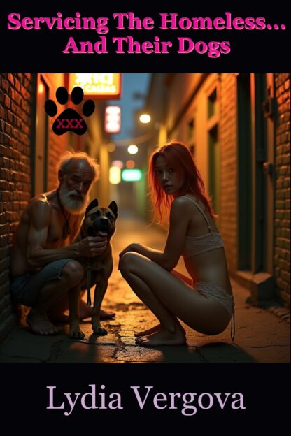 Book Cover, you see a petite half-Asian teen wearing only underwear, squatting down in a dirty alley in front of a homeless guy and his dog